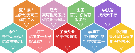 复读，技校，出国，学技能，参军，打工，子承父业，学徒工，靠机遇